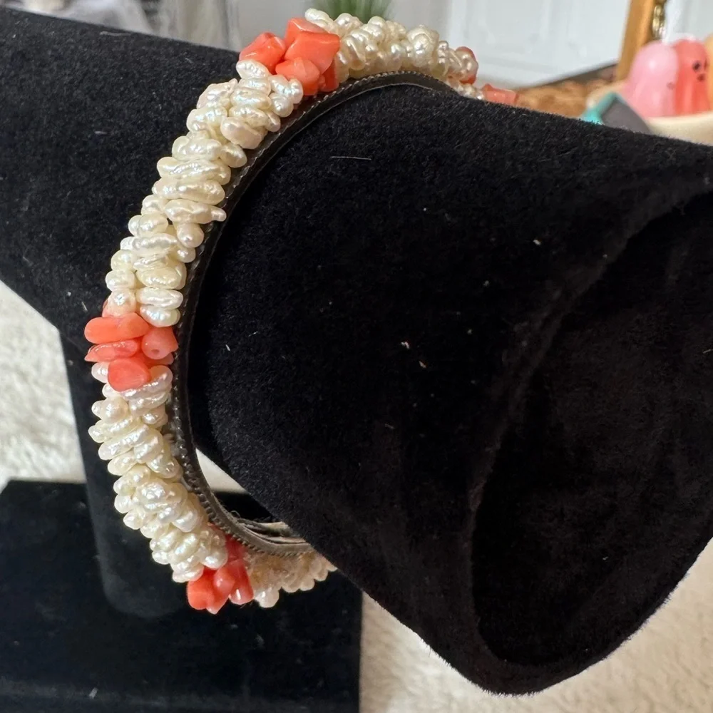 Antique Angel Skin Coral Freshwater Pearl Signed Estate Bracelet